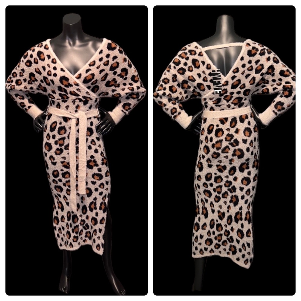 HYFVE Animal Print Fuzzy Eyelash Midi Sweater Dress S